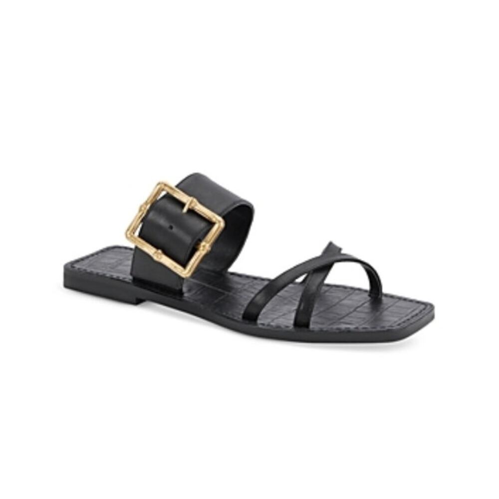 Dolce Vita Lowyn Flat Sandals Womens‎ 9 Black Square Toe Gold Buckle Minimalist